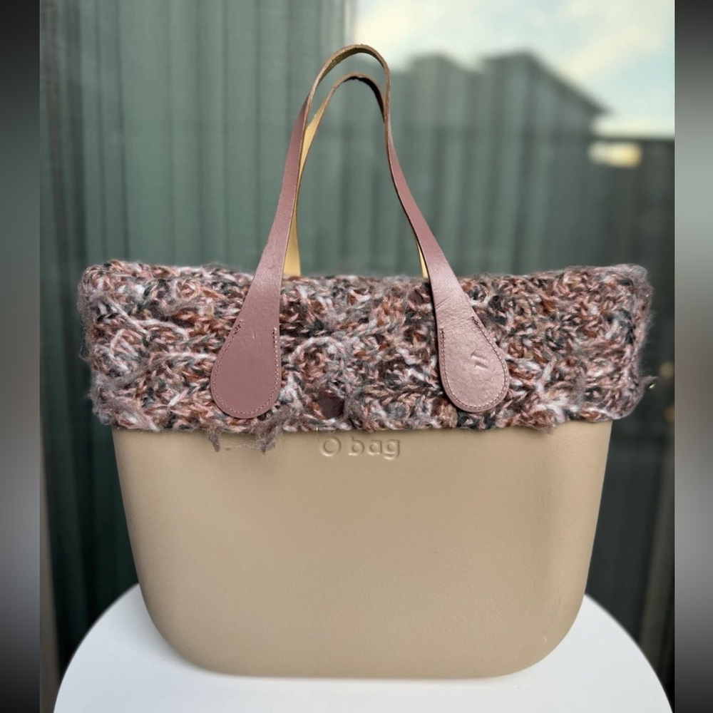 O Bag Beige Tote with Knit Tweed Top Trim & Pink‎ Handles - Picture 2 of 9